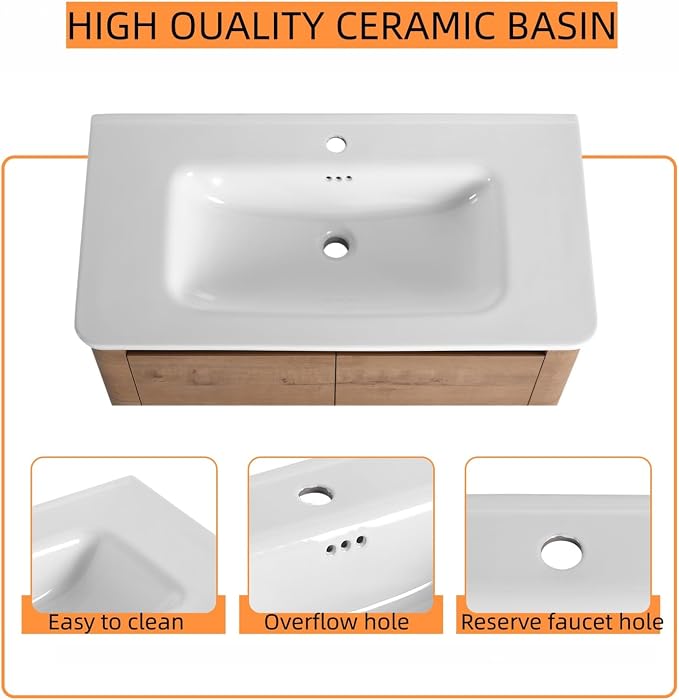 36" Bathroom Vanity with Ceramic Sink, Freestanding Bathroom Vanity with 2-Soft-Close Door, Soft-Closing Hinges & Hidden Handles for Home, Farmhouse, Easy to Clean Design, Imitative Oak