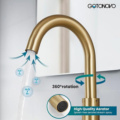 gotonovo 8 Inch Widespread 3 Hole Bathroom Sink Faucet Brushed Gold | SUS304,2 Lever Handle Bathroom Faucet,360° Swivel Spout,24’’ cUPC Hose,6-16’’ Vanity,Sink,Lavatory,Basin,RV,Pop-up Drain