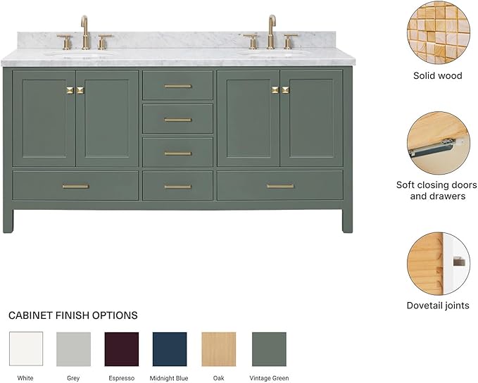 ARIEL Cambridge 72-inch Bathroom Vanity with Sink,Solid Wood, 1.5-inch Italian Carrara Marble Countertop, Double Oval Porcelain Sink, 4 Soft Closing Doors, 6 Dovetail Drawers, Vintage Green