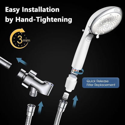 Filtered Shower Head with Handheld, 8 Spray Modes, Silver White | 80" Long Stainless Hose, Built-in Power Wash, Water Softener Filter Beads for Hard Water - Remove Chlorine, Reduce Dry Skin