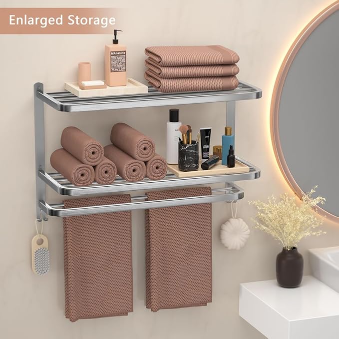 23" Towel Racks for Bathroom with Towel Bars, 3 Tier Hotel Towel Shelf Stainless Steel Wall-Mounted Holder with Towel Shelves Brushed Nickel