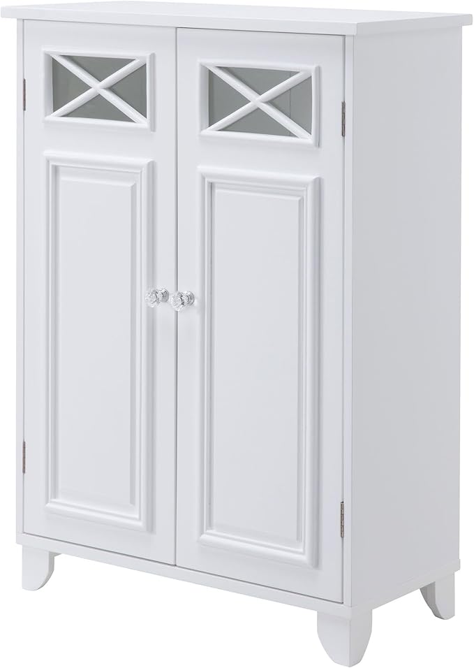 Teamson Home Dawson Wooden Freestanding Floor Cabinet with 1 Fixed 1 Adjustable Shelves 3 Storage Spaces 2 Glass Paneled Doors and 2 Clear Knobs, White
