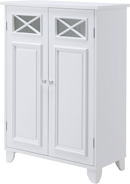 Teamson Home Dawson Wooden Freestanding Floor Cabinet with 1 Fixed 1 Adjustable Shelves 3 Storage Spaces 2 Glass Paneled Doors and 2 Clear Knobs, White