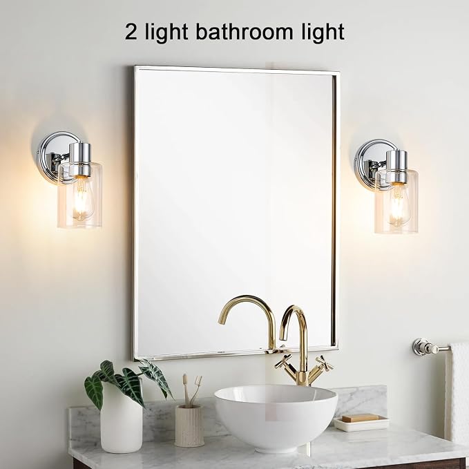 2 Light Bathroom Wall Sconce Light Fixtures with Clear Glass Bathroom Wall Lights Over Mirror Vanity Lights Chrome with E26 Base