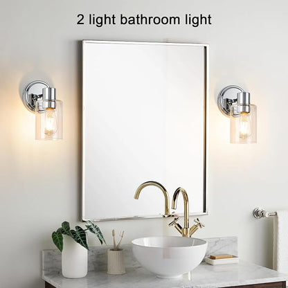 2 Light Bathroom Wall Sconce Light Fixtures with Clear Glass Bathroom Wall Lights Over Mirror Vanity Lights Chrome with E26 Base