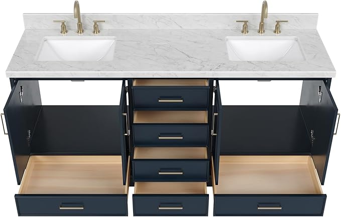 ARIEL Stafford 72-inch Bathroom Vanity with Sink,Solid Wood, 1.5-inch Italian Carrara Marble Countertop, Double Rectangular Porcelain Sink, 4 Soft Closing Doors, 6 Dovetail Drawers, Midnight Blue