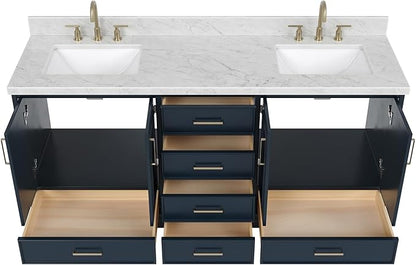 ARIEL Stafford 72-inch Bathroom Vanity with Sink,Solid Wood, 1.5-inch Italian Carrara Marble Countertop, Double Rectangular Porcelain Sink, 4 Soft Closing Doors, 6 Dovetail Drawers, Midnight Blue