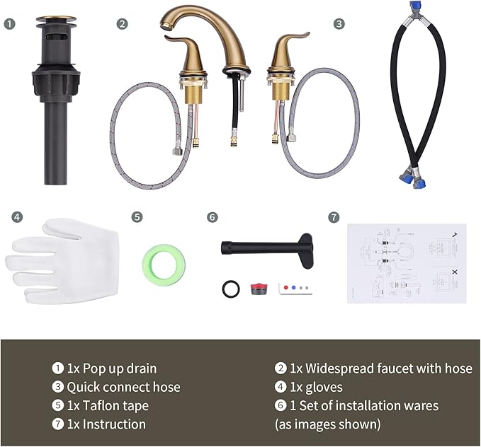WOWOW Widespread Bathroom Faucet Brushed Gold Bathroom Sink Faucet 3 Hole Vanity Faucet 2 Handle Basin Faucets 8 Inch Mixer Tap with Pop Up Drain and Supply Hose