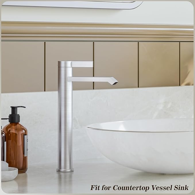 Phiestina Brushed Nickle Single Hole Tall Bathroom Bowl Faucet, Single Handle Above Counter Sink Bathroom Vessel Faucet with Waterfall,Pop Up Drain and Water Supply Line,FH04-BN-V