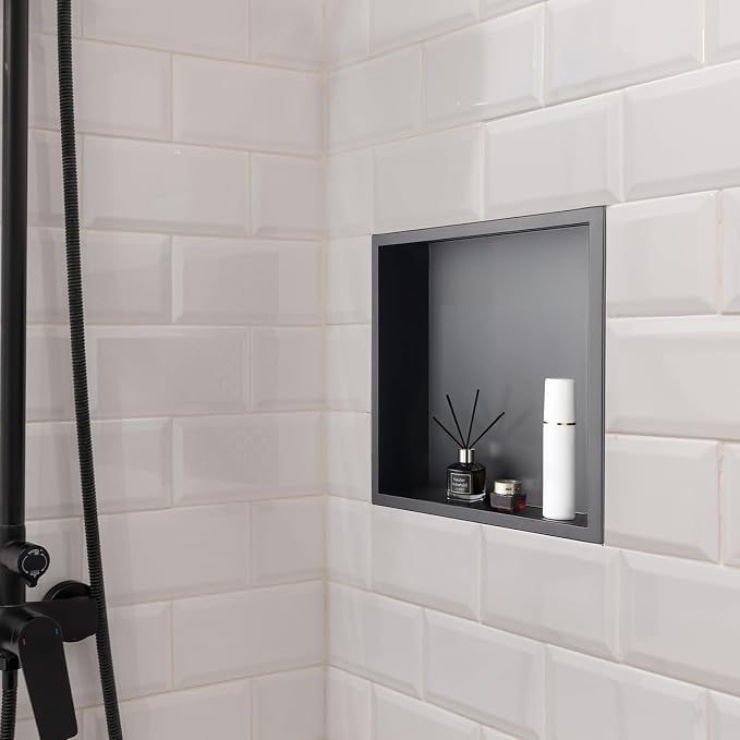 VEVOR Shower Niche, 13 x 13 x 4 inch Recessed Wall Niche, Heavy-Duty Stainless Steel Modern Soap & Shampoo Storage Organizer, Sealed Waterproof, Durable & Easy to Install,Black for Bathroom