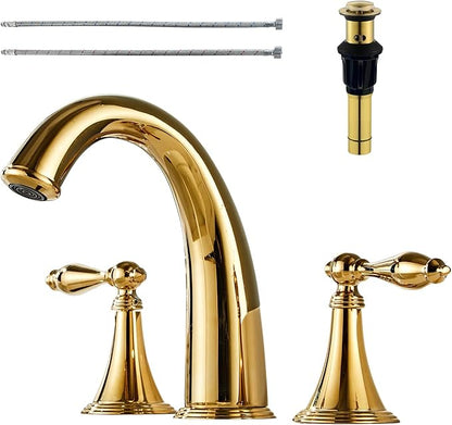 SaniteModar Polished Gold Bathroom Sink Faucet, Brass Widespread Faucet, 3 Hole, 2 Handles with Water Supply Lines and Pop-up Drain