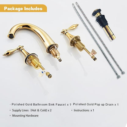 SaniteModar Polished Gold Bathroom Sink Faucet, Brass Widespread Faucet, 3 Hole, 2 Handles with Water Supply Lines and Pop-up Drain