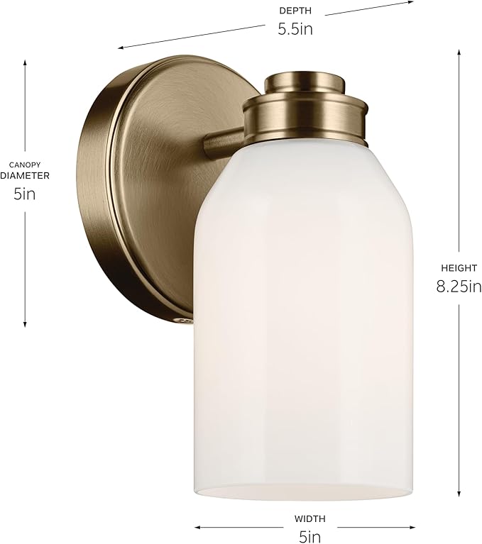 Kichler Shae 5" 1-Light Wall Sconce with White Opal Glass in Champagne Bronze, Modern, for Vanity, Fireplace, Buffet, Hallway, Vanity Mirror, (8.25" H x 5" W), 55200CPZ