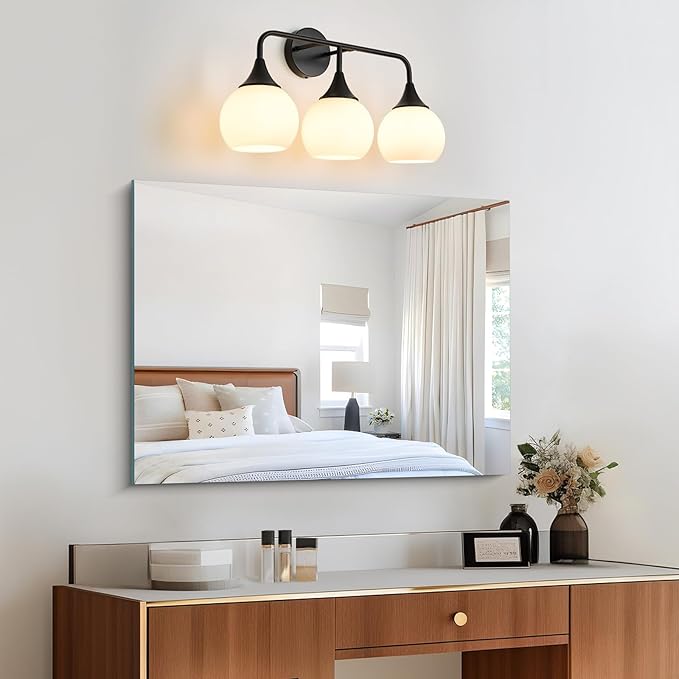 Mid Century Matte Black Bathroom Vanity Lights 3-Light Bathroom Lighting Fixtures Over Mirror with Milk White Glass Shade Modern Wall Sconce Lighting Bath Vanity Lights (Exclude E26 Bulb)