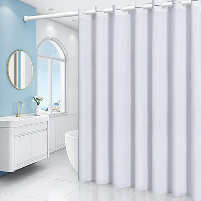 Furlinic Extra Wide No Hook Shower Curtain,96 Inch Width White Fabric Shower Curtains with 12 Plastic Built-in Hooks,Waterproof & Machine Washable Hotel Style for Bathroom,96x72 Inch