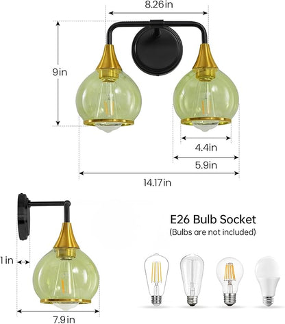 Black and Gold Bathroom Vanity Light 2-Lights Bathroom Light Fixtures Over Mirror with Green Clear Glass Shade 14 inch Wall Sconce Lighting Bath(Exclude E26 Bulb)