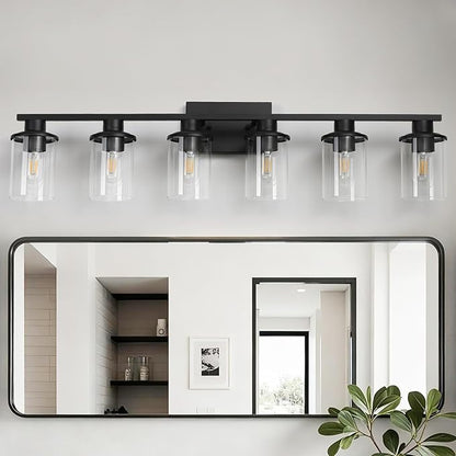 LOUSACE 6 Light Bathroom Vanity Light, Matte Black Bathroom Light Fixtures, Modern Bathroom Lights Over Mirror with Clear Glass Shade, Wall Sconce Lighting for Bathroom Mirror