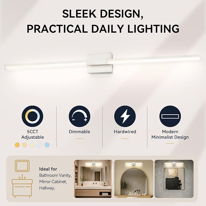SOLFART Bathroom Vanity Light 48-Inch: Brushed Nickel 5CCT Dimmable Bathroom Light Fixtures, Solid Frosted Acrylic, Built-in Dimmer, CRI88 Soft Light, ETL IP44