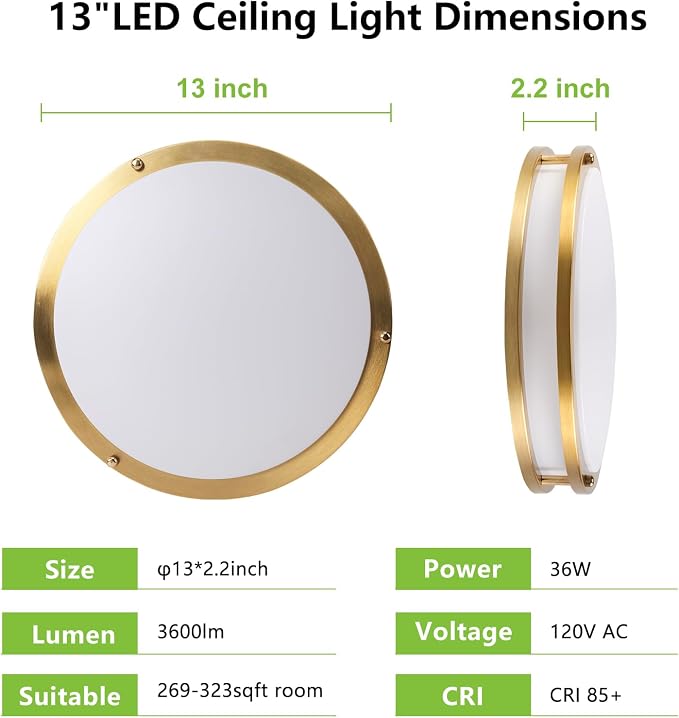 13inch LED Flush Mount Ceiling Light Fixture Dimmable Gold, Easy Install LED Ceiling Lamp Fixture Without Flicker, Super Bright 36W 3600LM 5CCT Warm to White Light 3000K to 6000K 2-Pack