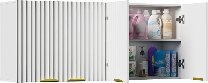 ChooChoo Bathroom Wall Cabinet, Laundry Room Cabinet with 4 Fluted Doors | Kitchen Storage Cupboard Cabinet with Adjustable Shelf, Fluted Wall-Mounted Medicine Cabinet for Kitchen, Garage, White