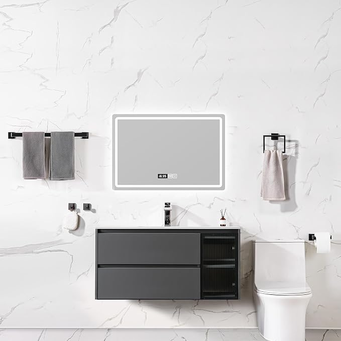 Bathroom Hardware Accessories Set 5 Pieces Matte Black Towel Bar Set, Wall Mounted Towel Rack Toilet Paper Holder Stainless Steel Bath Coat Hooks 24 Inch