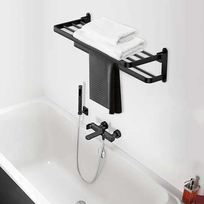 BOZWELL Bathroom Lavatory Towel Rack with Two Towel Bars,16-Inch（40cm） Towel Holder with Shelf BZ305-A (Matte Black)