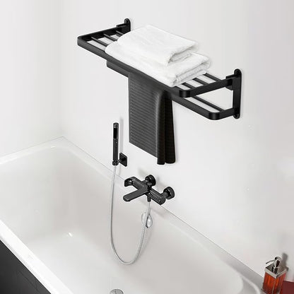 BOZWELL Bathroom Lavatory Towel Rack with Two Towel Bars,16-Inch（40cm） Towel Holder with Shelf BZ305-A (Matte Black)