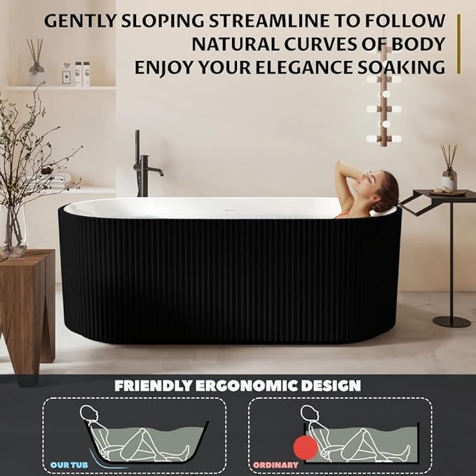 67" Freestanding Bathtub, Acrylic Soaking Tub with V Shape Pleated Design, Chrome Drain & Classic Slotted Overflow, CUPC Certified, Black and White for Modern Bathroom