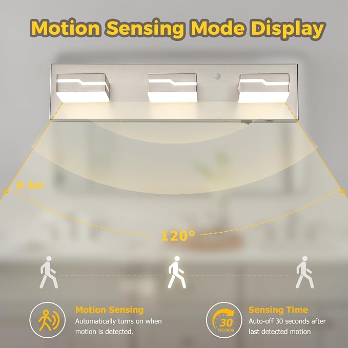 LED Modern Bathroom Vanity Light Fixtures 3-Light, 19 inch 3CCT Dimmable Nickel Motion Sensor Vanity Lights for Bathroom Lighting Fixtures Over Mirror, with 350° Rotatable Acrylic Heads