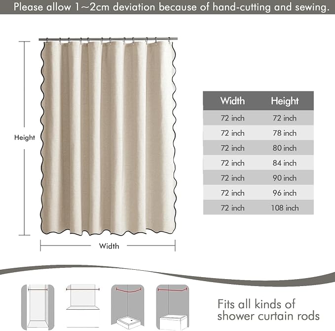 MIULEE 72"x108" Extra Long Scalloped Linen Shower Curtain Cream | Linen Textured, Waterproof, Washable, 12 Metal Hooks, Heavy Duty Cloth, Black Border, Shower Curtain for Bathroom Bathtub