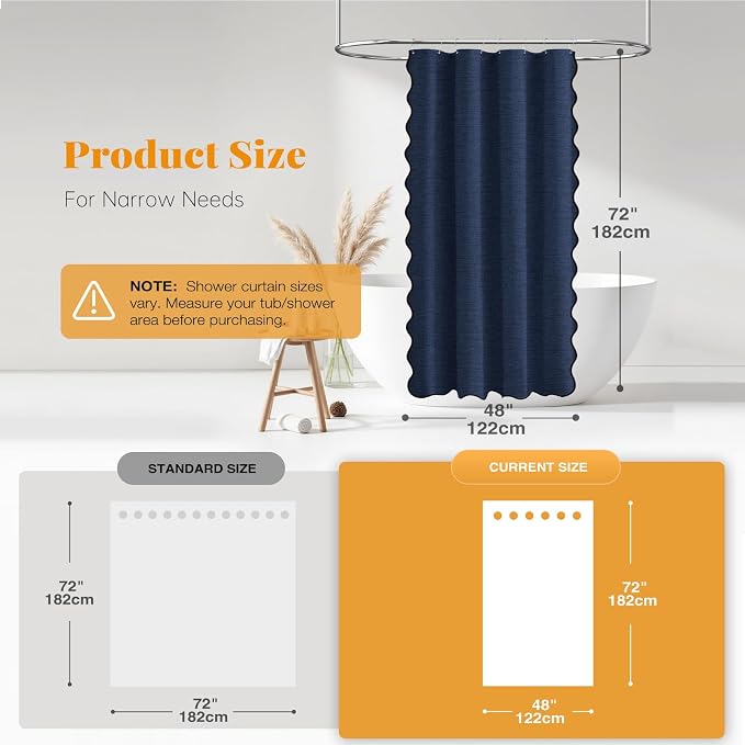 BTTN 48x72 Boho Scalloped Linen Textured Cloth Shower Curtain, Navy Blue | Stall Size, 230GSM Waterproof Polyester, Heavy Duty Fabric, 8 Plastic Hooks, Elegant Modern Farmhouse Style, Machine Washable