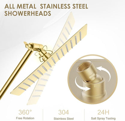 12 x 8 Inch Rectangle Rain Shower Head Brushed Gold, All Metal Stainless Steel 304, Full Body Rainfall Shower with 112 Silicone Nozzles, High Flow Waterfall Showerheads