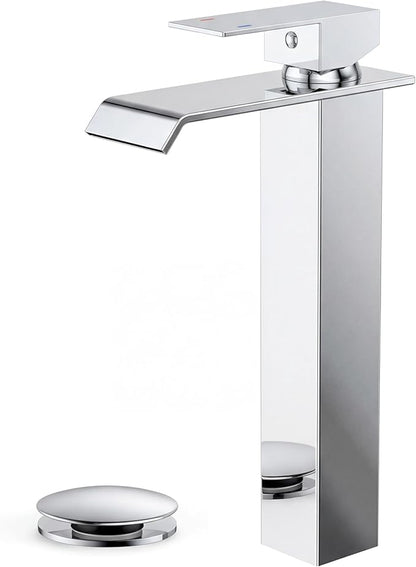 Forious Vessel Bathroom Sink Faucets 1 Hole Chrome, Tall Waterfall Bathroom Faucet Single Handle with Pop Up Drain and Supply Lines for Bowel Sink, Deck Mount