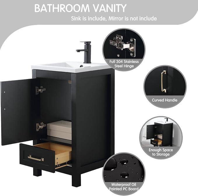 LUCKWIND 18" Bathroom Vanity and Sink Combos, Modern Bathroom Storage Painted Cabinet with Undercounter Ceramic Single Sink Top, Matte Black Faucet and Drawer, Mirror Not Included, Black