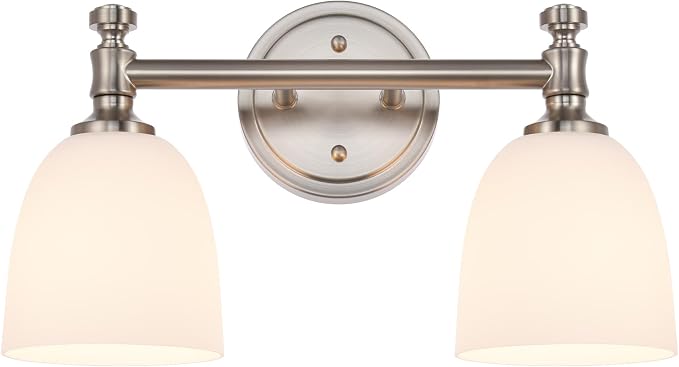 Bathroom Light Fixtures, Brushed Nickel 2-Light Bathroom Vanity Light Fixtures Over Mirror, Vintage Vanity Lights for Bathroom Living Room, Milk White Glass Shades , Standard E26 Base, Brushed Nickel