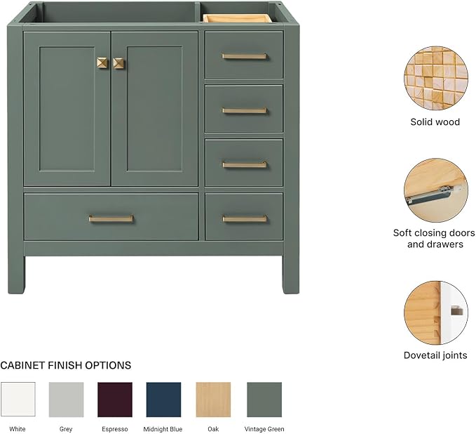 ARIEL Cambridge 36-inch Bathroom Vanity Base Cabinet,Solid Wood, 2 Soft Closing Doors, 5 Dovetail Drawers, Vintage Green