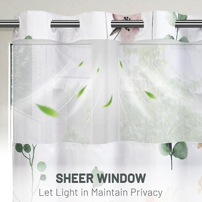 No Hook Floral Shower Curtain with Liner, Sage Green, 71x80 | Snap in Liner, 3 in 1, Water Repellent, Easy Install, Machine Washable, Hotel Style for Bathroom, Watercolor Pattern