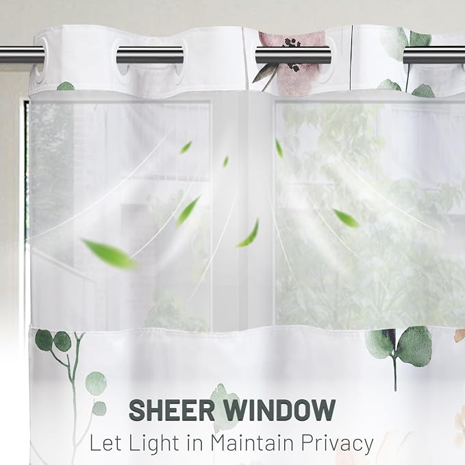No Hook Floral Shower Curtain with Liner, Sage Green, 71x77 | Snap in Liner, 3 in 1, Water Repellent, Easy Install, Machine Washable, Hotel Style for Bathroom, Watercolor Pattern