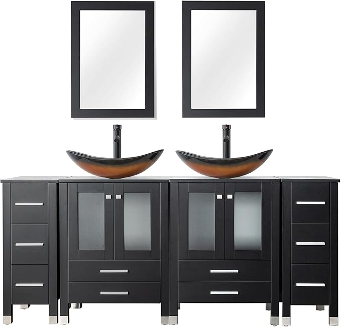 LUCKWIND 72" Double 24-in Bathroom Vanity with Sink Combo, Elegant Series with Two 12.6-in Side Cabinets, Painted Frame, Including Brown Boat Sinks, Faucets Without Mirrors, Black