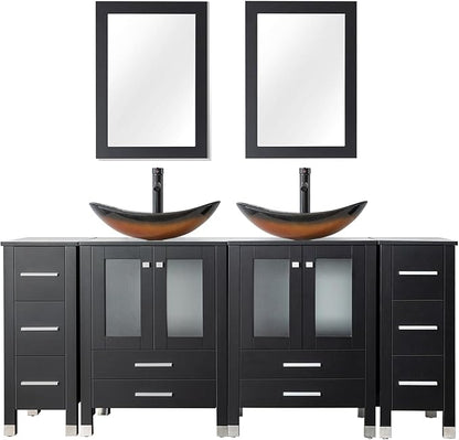 LUCKWIND 72" Double 24-in Bathroom Vanity with Sink Combo, Elegant Series with Two 12.6-in Side Cabinets, Painted Frame, Including Brown Boat Sinks, Faucets Without Mirrors, Black