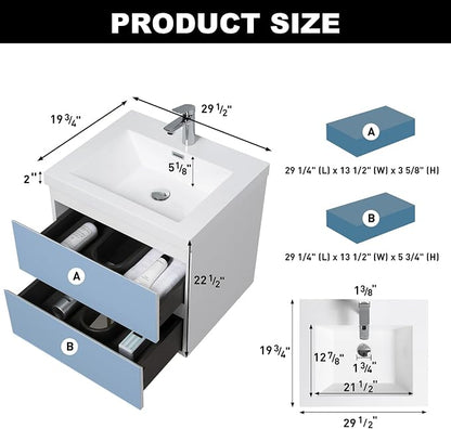 Pre-Assembled 30'' Wall Mounted Bathroom Vanity with Sink, Glossy White | Floating Bathroom Vanity with Solid Surface Top Basin, 2 Soft-Close Drawers, Resin Integrated Sink, Easy to Install & Clean