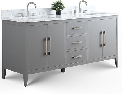 Vanity Art 72 inch Bathroom Vanity with Double Sink & Ceramic Top, Vanity Cabinet with Soft-Closing Doors, Drawers, Solid Wood Frame, Cashmere Gray, Golden Brushed Handware