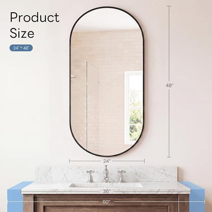 Sweetcrispy 24" x 48" Black Bathroom Mirror for Wall, Oval Walls Mirror | Modern Vanity Mirrors for Over Sink, Living Room, Bedroom, Entryway, Horizontal or Vertical