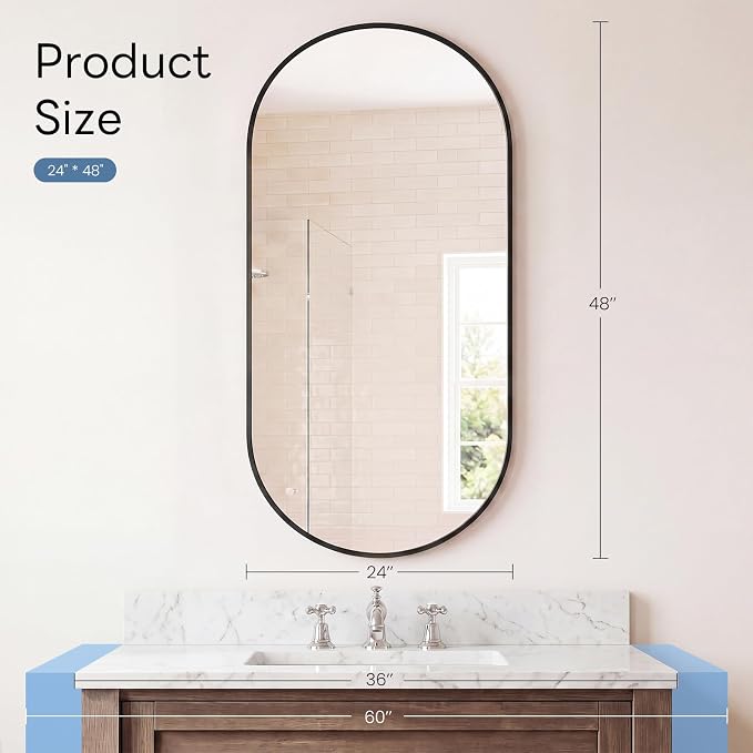 DUMOS 24" x 48" Oval Bathroom Mirror, Black Wall Mirrors with Metal Frame | Tempered Glass, Morden Vanity Mirror for Over Sink, Entryway, Living Room, Bedroom, Horizontal or Vertical