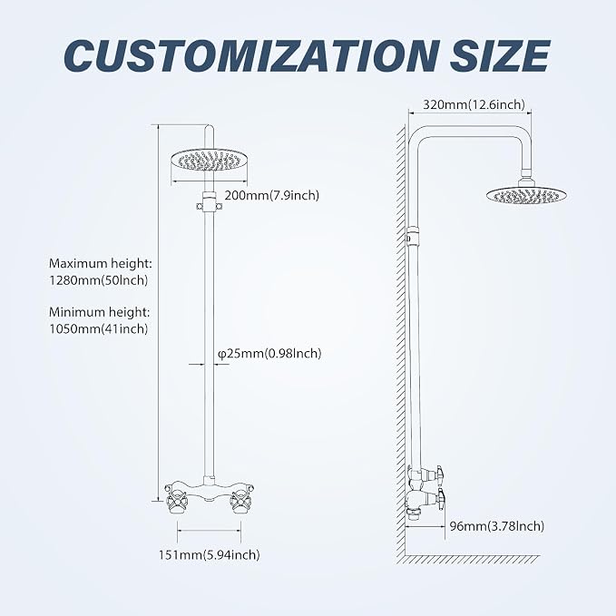 Outdoor Shower Kit with Matte Black 8 Inch Stainless Steel Rain Shower Head and Double-Handle Cross Handwheel,Adjustable Height Outdoor Shower Fixtures