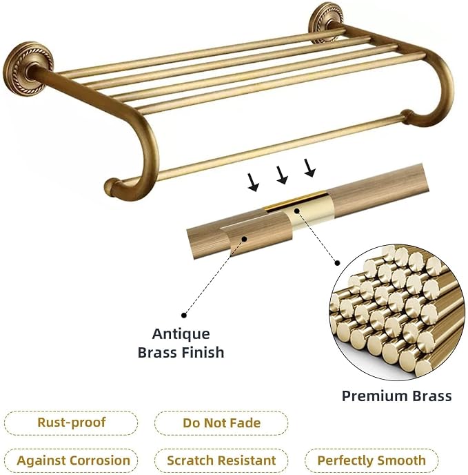 7 Piece Antique Brass Gold Bathroom Accessories Set - TooCust Brushed Brass 24” Double Towel Holder & Towel Bar - Wall Mounted Bathroom Hardware Kit