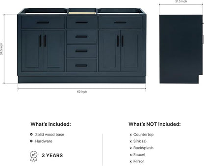 ARIEL Hepburn 60-inch Bathroom Vanity Base Cabinet,Solid Wood, 4 Soft Closing Doors, 6 Dovetail Drawers, Midnight Blue