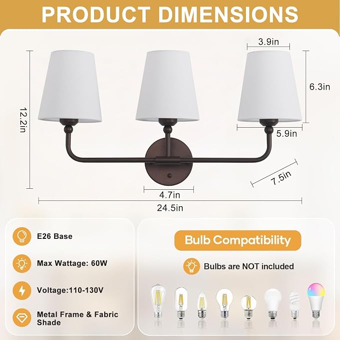 Bathroom Light Fixtures, 3-Light Oil Rubbed Bronze Vanity Lights, 25" Bathroom Lighting Fixtures Over Mirror with White Flared Fabric Shade, Modern Wall Sconces for Bathroom Living Room Hallway