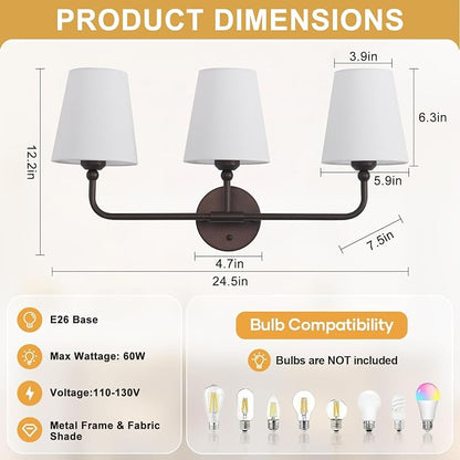 Bathroom Light Fixtures, 3-Light Oil Rubbed Bronze Vanity Lights, 25" Bathroom Lighting Fixtures Over Mirror with White Flared Fabric Shade, Modern Wall Sconces for Bathroom Living Room Hallway