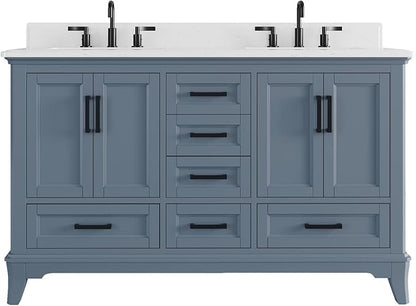 60 Inch Bathroom Vanity with Double Sink, Solid Wooden Frame Bathroom Sink Cabinet Vanity with Adjustable Feet, Bathroom Storage Cabinet with Soft Closing Doors-Steel Blue